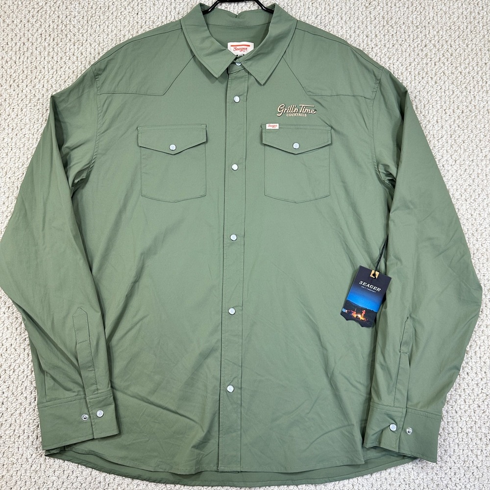 Seager Shirt Mens 2XL Military Green El Ranchero Pearl Snap Stretch w/ Tags Logo